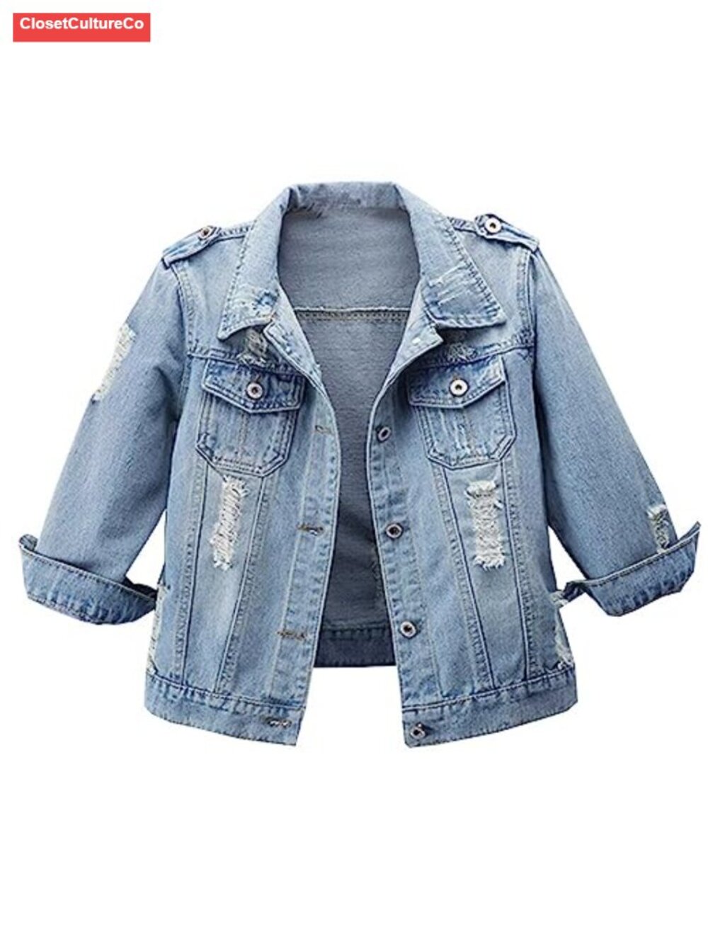 Women's Retro 3/4 Sleeve Denim Jacket Distressed Cropped Jean Coat